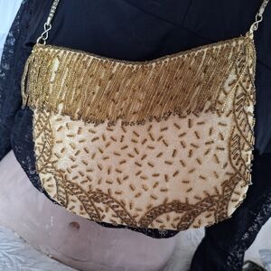 La Regale Cream and Gold Beaded Shoulder Bag